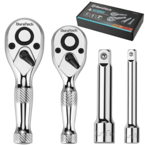 DURATECH Stubby Ratchet Set 1/4-Inch and 3/8-Inch Ratchets with 2 Extension Bars 4-piece 72-T Reversible Quick-Release